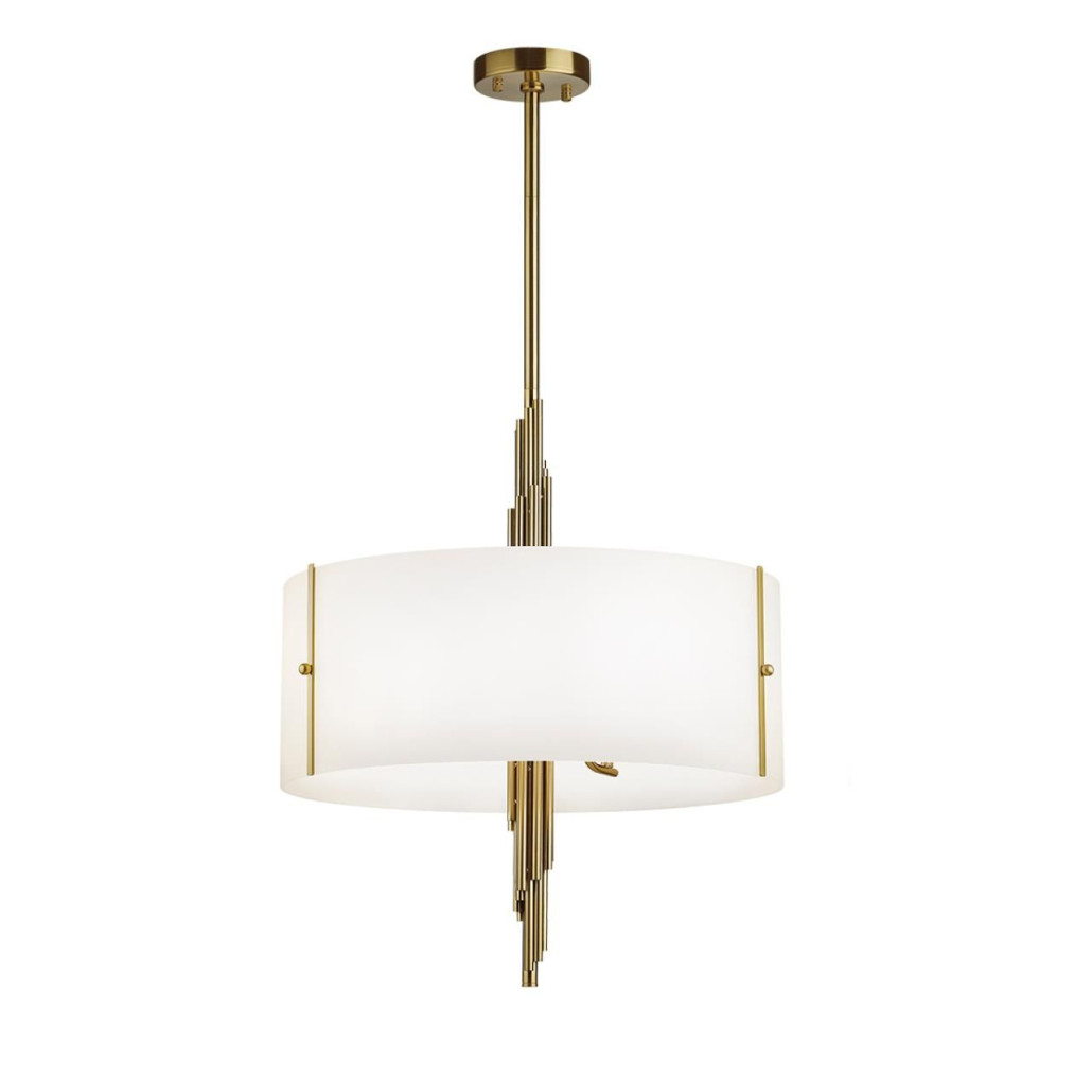 Люстра на штанге с белым круглым плафоном на бронзовом основании с вертикальным декором из металлических трубок Sohne