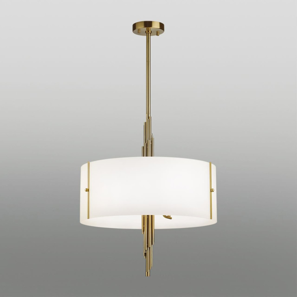 Люстра на штанге с белым круглым плафоном на бронзовом основании с вертикальным декором из металлических трубок Sohne