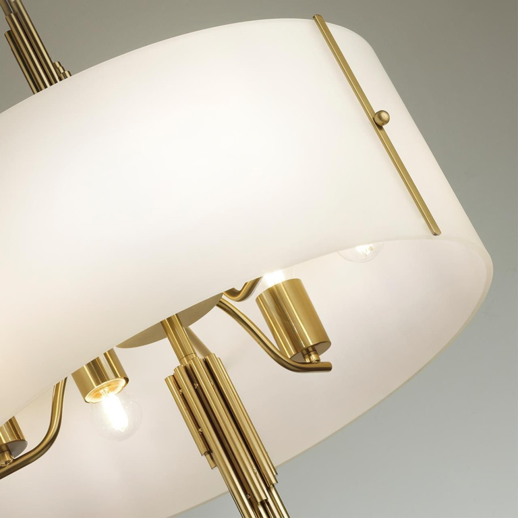 Люстра на штанге с белым круглым плафоном на бронзовом основании с вертикальным декором из металлических трубок Sohne