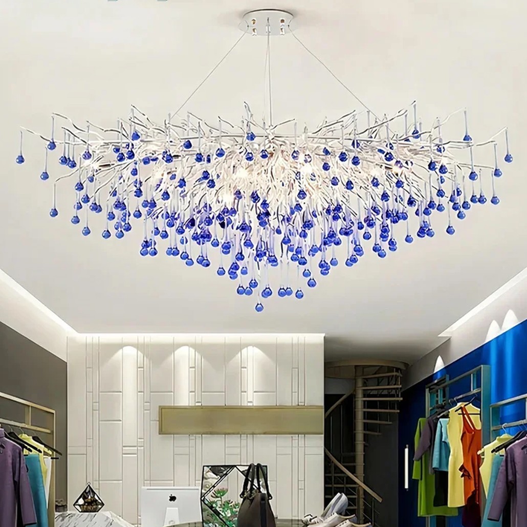 Люстра овальная с синими стеклянными подвесками в форме капель FAIRYTREE Light