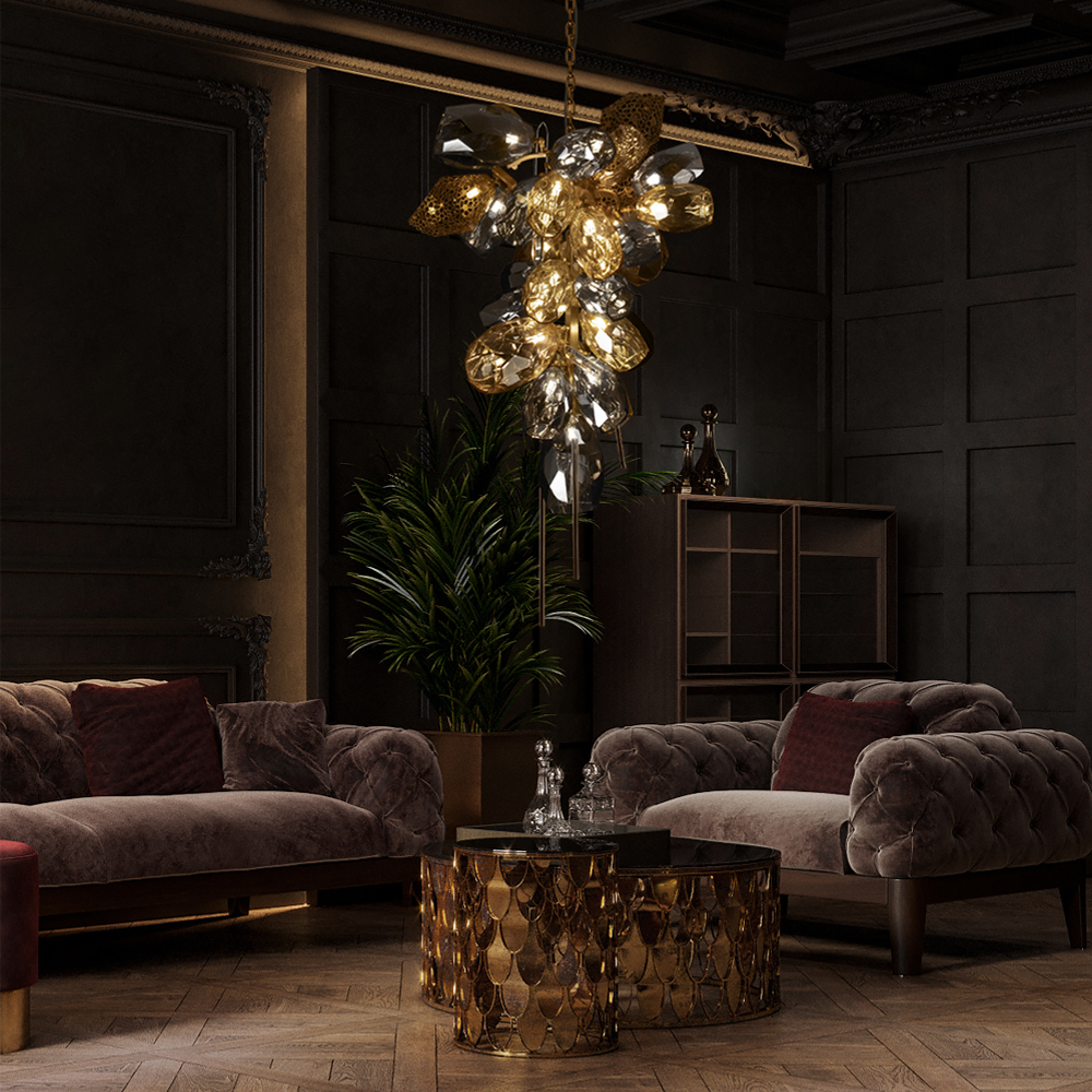 Люстра подвесная вытянутой формы с плафонами из стекла и металла с двумя вертикальными подвесками Gilded Mirage