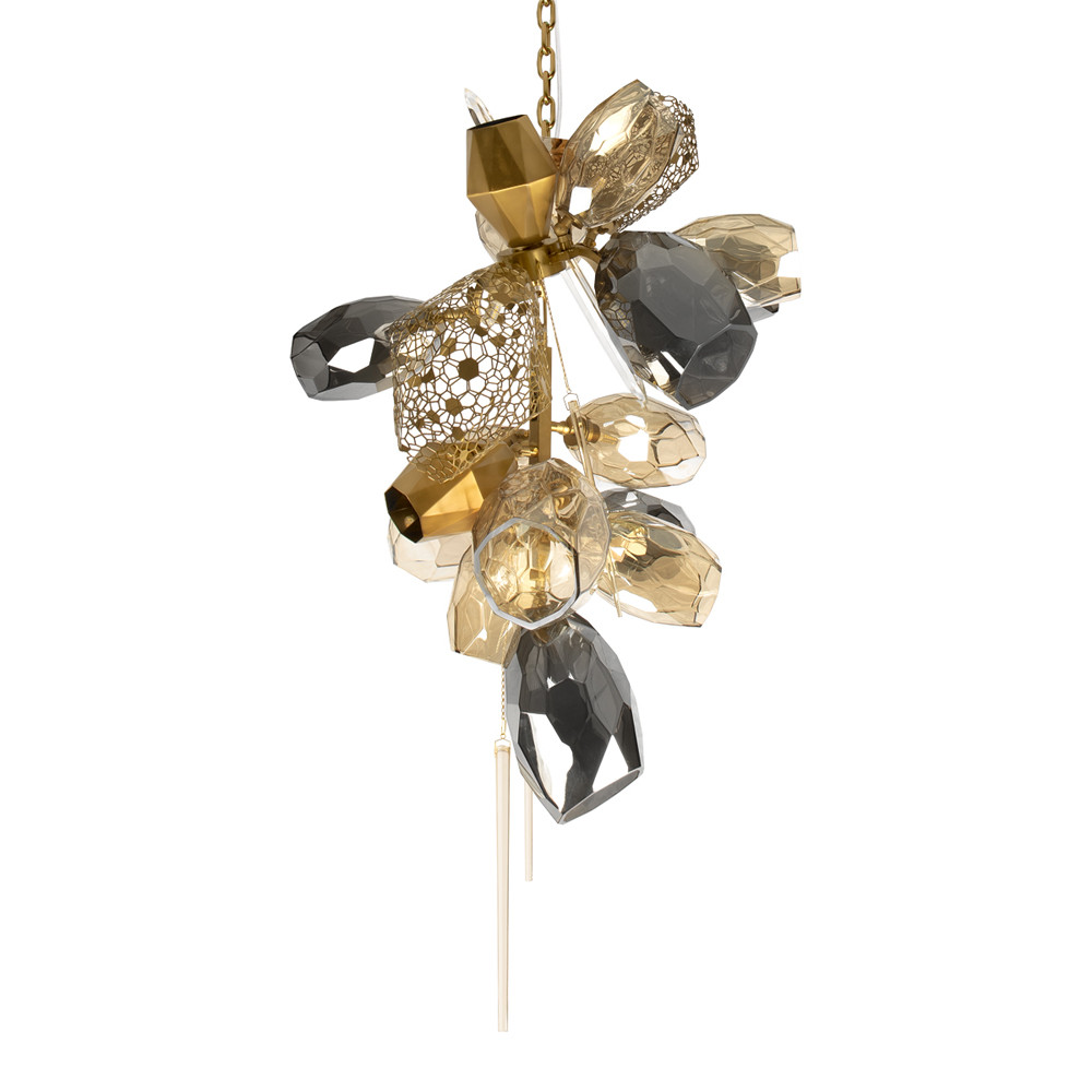 Люстра подвесная вытянутой формы с плафонами из стекла и металла с тремя вертикальными подвесками Gilded Mirage