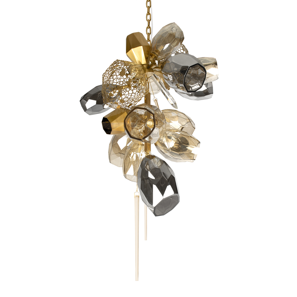 Люстра подвесная вытянутой формы с плафонами из стекла и металла с тремя вертикальными подвесками Gilded Mirage