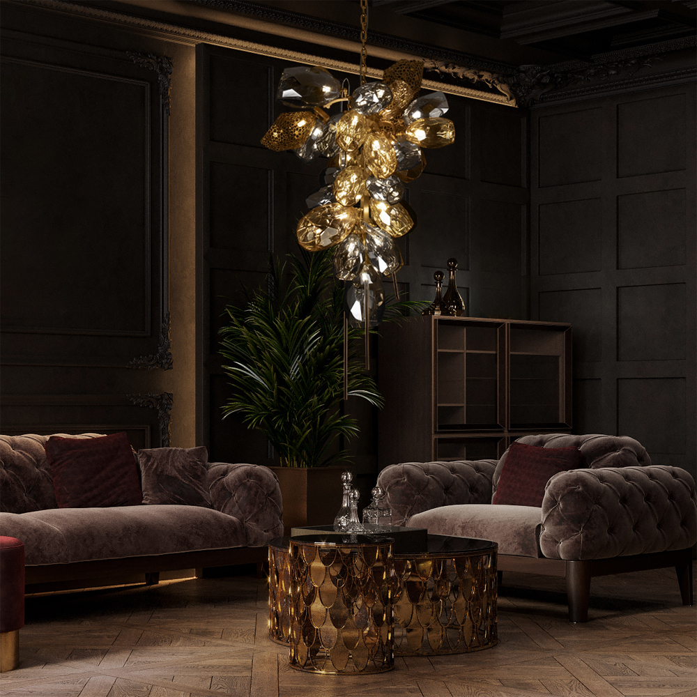 Люстра подвесная вытянутой формы с плафонами из стекла и металла с тремя вертикальными подвесками Gilded Mirage