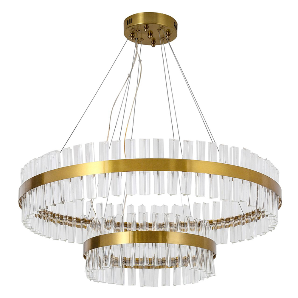 Люстра подвесная двухъярусная с золотистымыми кольцами и прозрачными стеклянными элементами Ring Horizontal