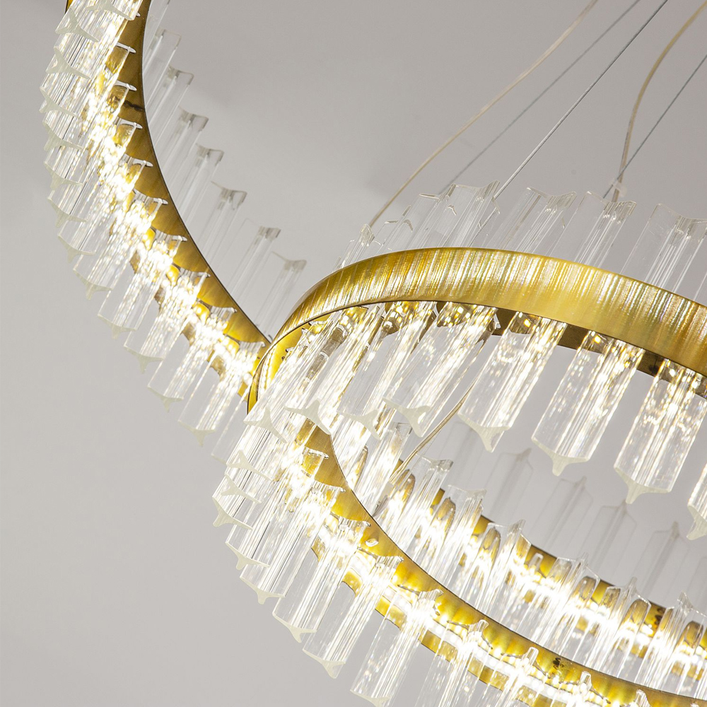 Люстра подвесная двухъярусная с золотистымыми кольцами и прозрачными стеклянными элементами Ring Horizontal