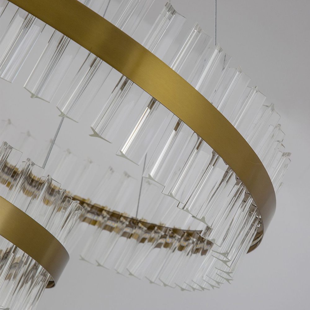 Люстра подвесная двухъярусная с золотистымыми кольцами и прозрачными стеклянными элементами Ring Horizontal