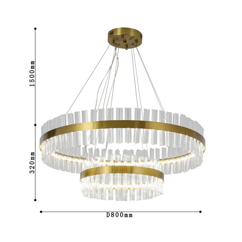 Люстра подвесная двухъярусная с золотистымыми кольцами и прозрачными стеклянными элементами Ring Horizontal