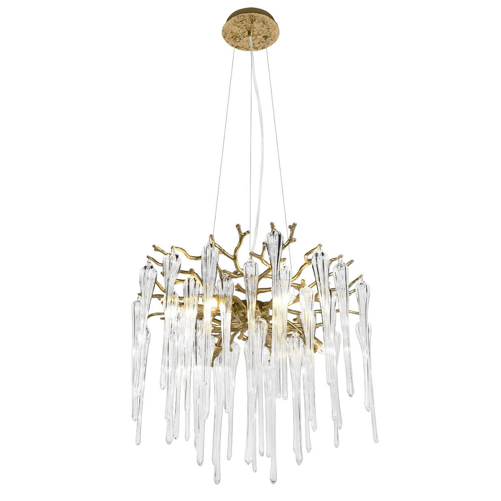 Люстра подвесная круглая в виде ветвей деревьев бронзового цвета с прозрачными подвесками-каплями Droplet Chandelier
