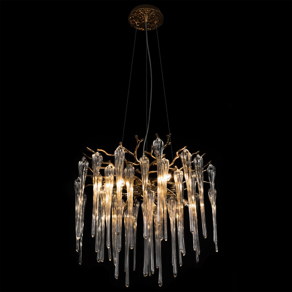 Люстра подвесная круглая в виде ветвей деревьев бронзового цвета с прозрачными подвесками-каплями Droplet Chandelier