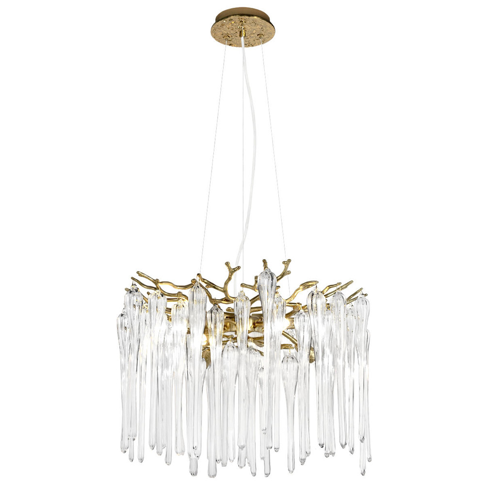Люстра подвесная круглая в виде ветвей деревьев бронзового цвета с прозрачными подвесками-каплями Droplet Chandelier