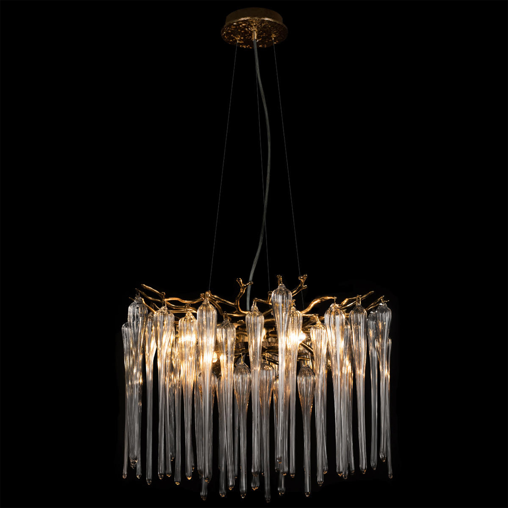 Люстра подвесная круглая в виде ветвей деревьев бронзового цвета с прозрачными подвесками-каплями Droplet Chandelier