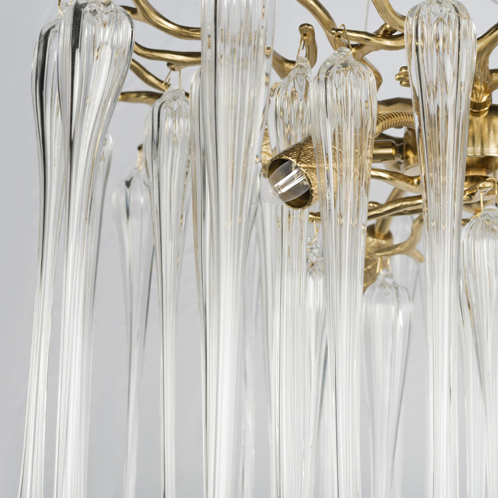 Люстра подвесная круглая в виде ветвей деревьев бронзового цвета с прозрачными подвесками-каплями Droplet Chandelier