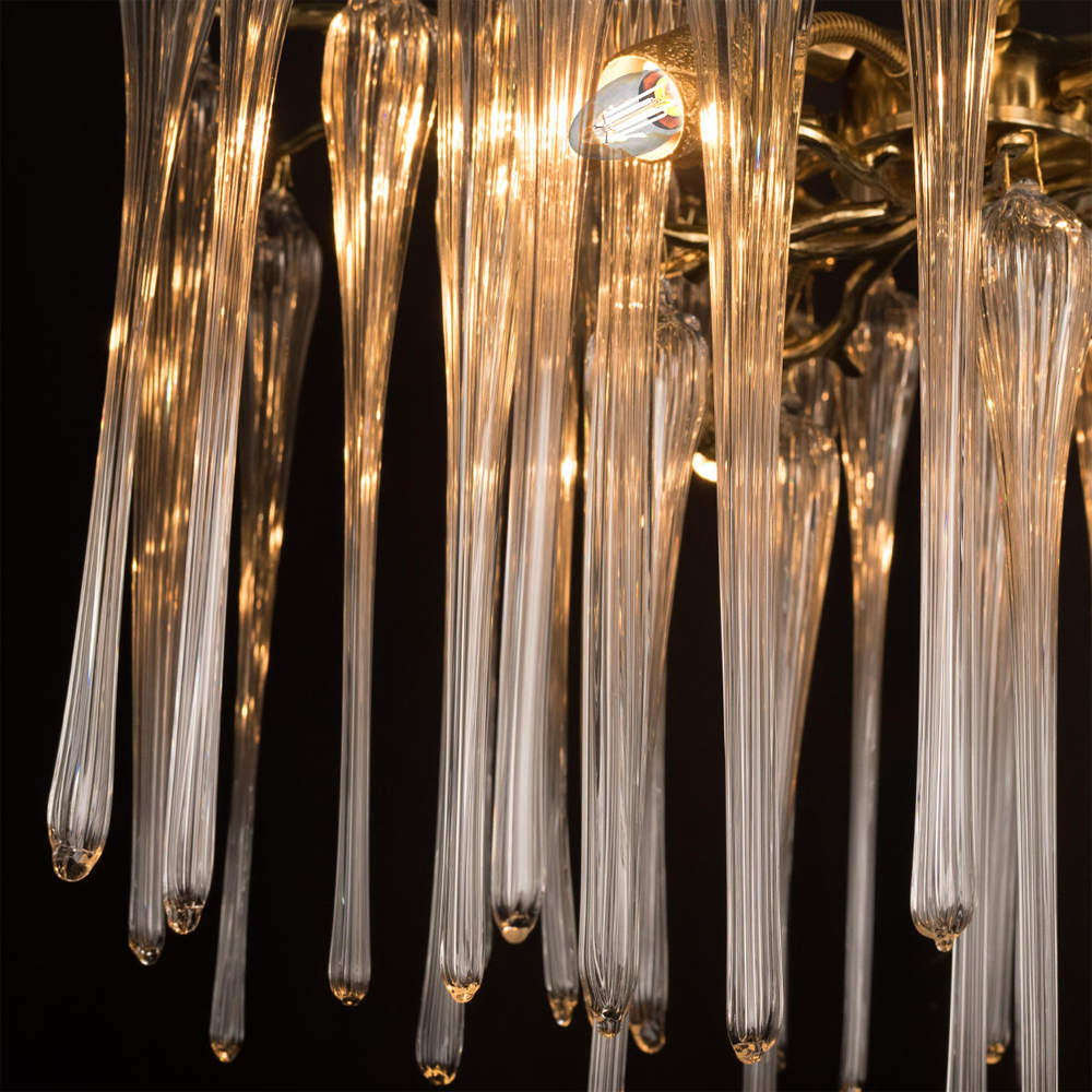 Люстра подвесная круглая в виде ветвей деревьев бронзового цвета с прозрачными подвесками-каплями Droplet Chandelier