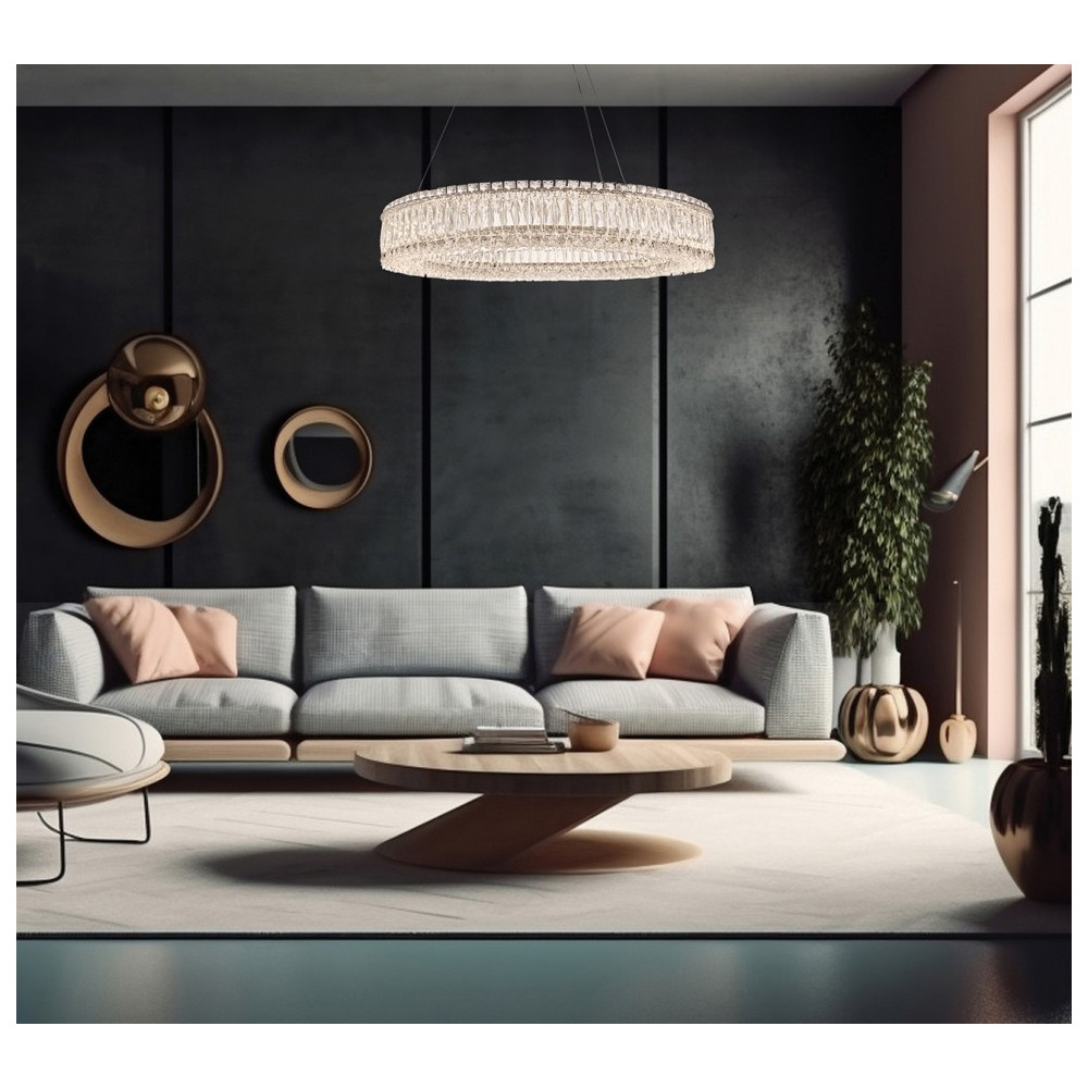 Люстра подвесная круглая из прозрачного хрусталя с корпусом из металла цвета хром Selfsufficient