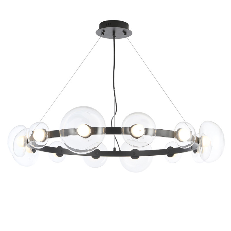 Люстра подвесная круглая с 12-ю прозрачными куполообразными плафонами и черным металлическим основанием Flos Wireline Lighting