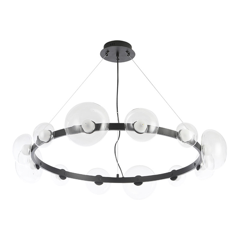 Люстра подвесная круглая с 12-ю прозрачными куполообразными плафонами и черным металлическим основанием Flos Wireline Lighting