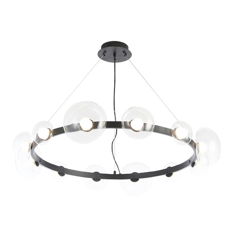 Люстра подвесная круглая с 12-ю прозрачными куполообразными плафонами и черным металлическим основанием Flos Wireline Lighting