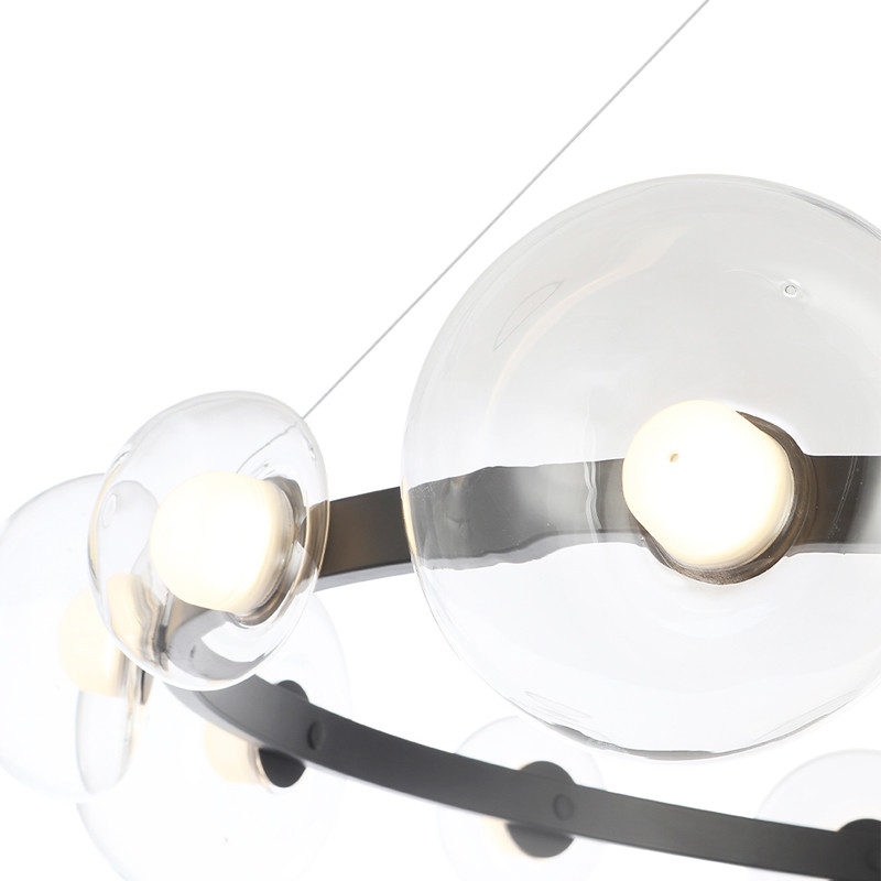 Люстра подвесная круглая с 12-ю прозрачными куполообразными плафонами и черным металлическим основанием Flos Wireline Lighting