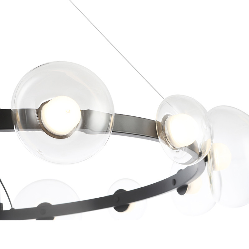 Люстра подвесная круглая с 12-ю прозрачными куполообразными плафонами и черным металлическим основанием Flos Wireline Lighting