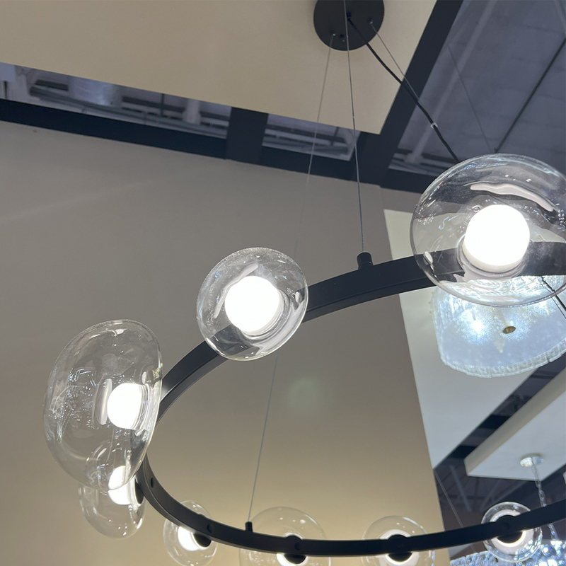 Люстра подвесная круглая с 12-ю прозрачными куполообразными плафонами и черным металлическим основанием Flos Wireline Lighting