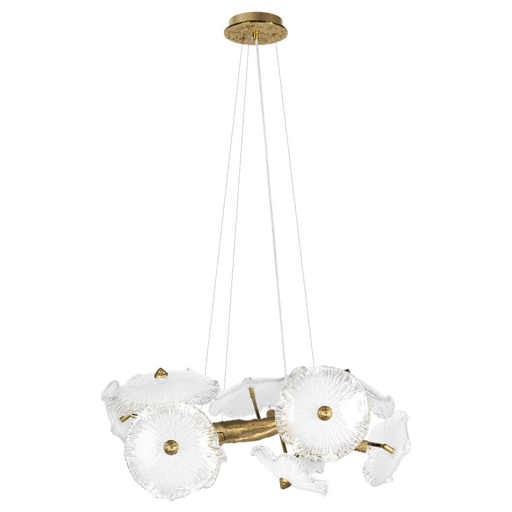 Люстра подвесная круглая с ветвистыми бронзовыми элементами и стеклянными рифлеными дисками Textured Glass Chandelier