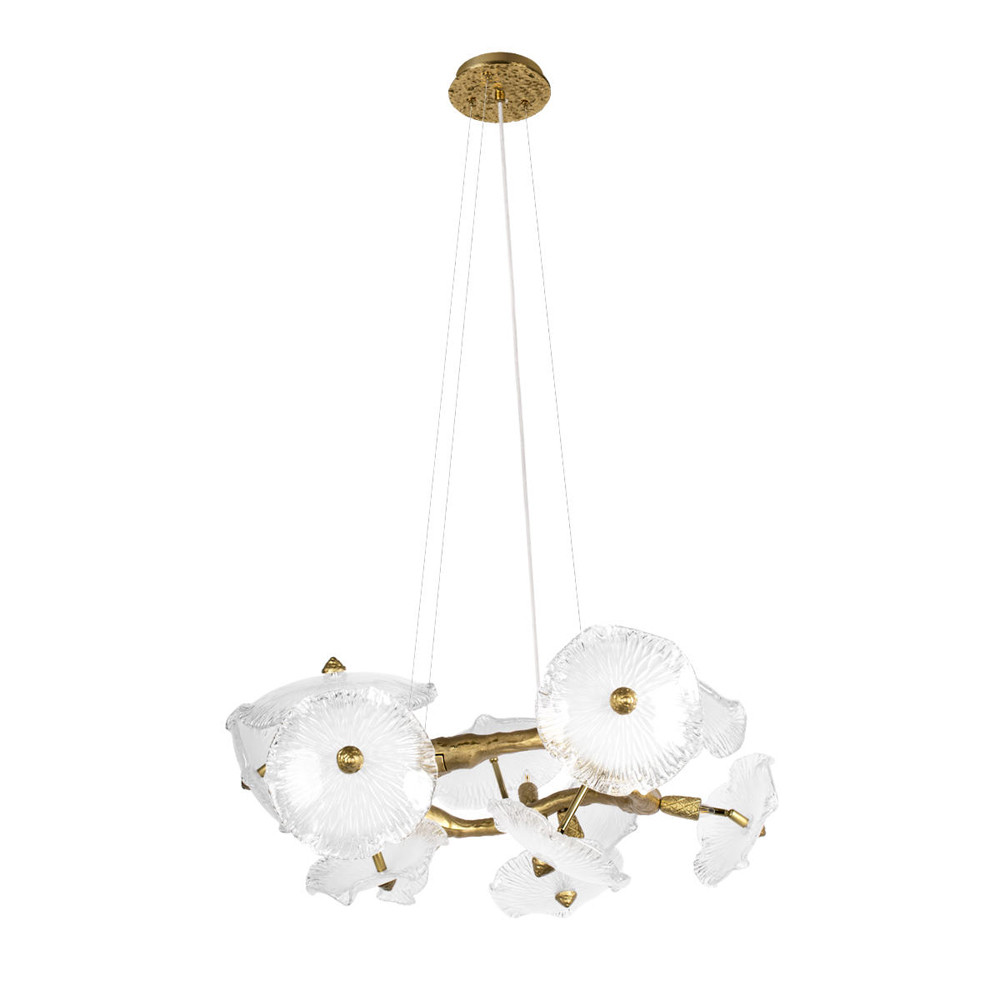 Люстра подвесная круглая с ветвистыми бронзовыми элементами и стеклянными рифлеными дисками Textured Glass Chandelier