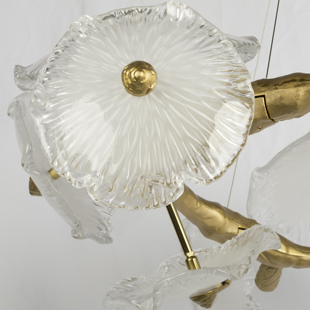 Люстра подвесная круглая с ветвистыми бронзовыми элементами и стеклянными рифлеными дисками Textured Glass Chandelier