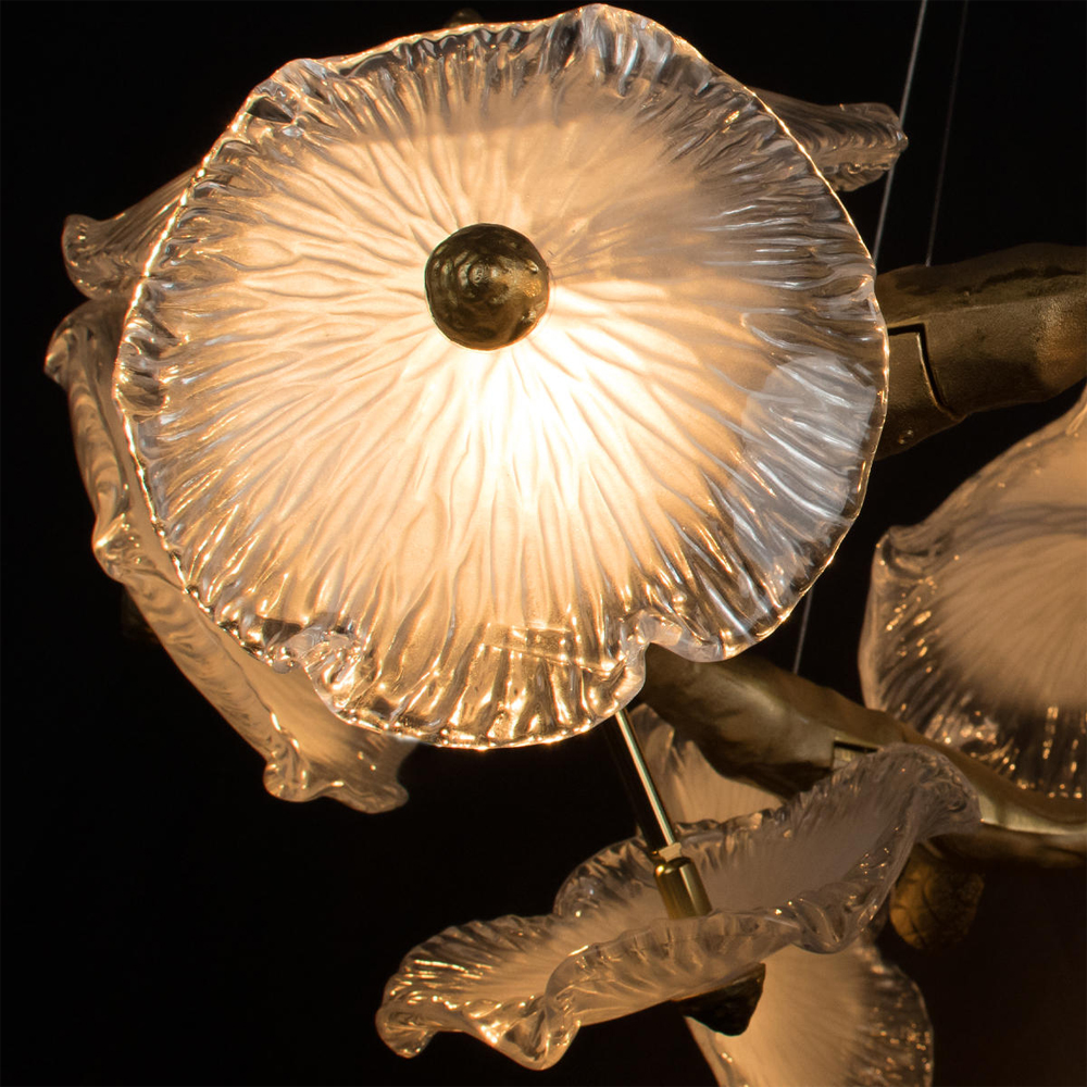 Люстра подвесная круглая с ветвистыми бронзовыми элементами и стеклянными рифлеными дисками Textured Glass Chandelier