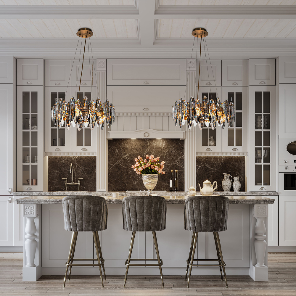 Люстра подвесная круглая с овальными подвесками из стекла дымчатого цвета Harlow Crystal Round