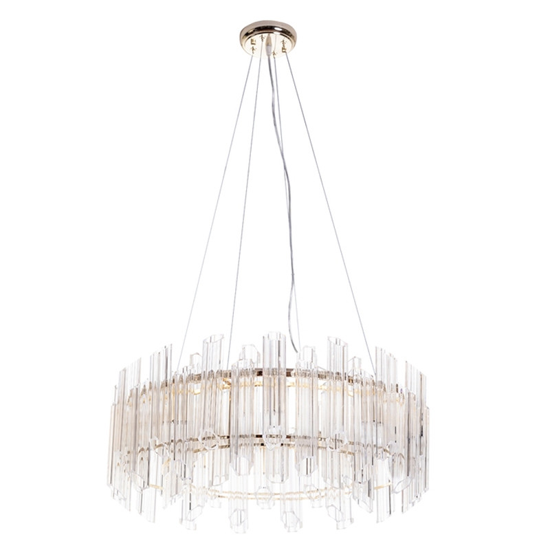 Люстра подвесная круглая с прозрачными хрустальными трубками и золотистым каркасом Диаметр 60 см Hexagon Tube Light