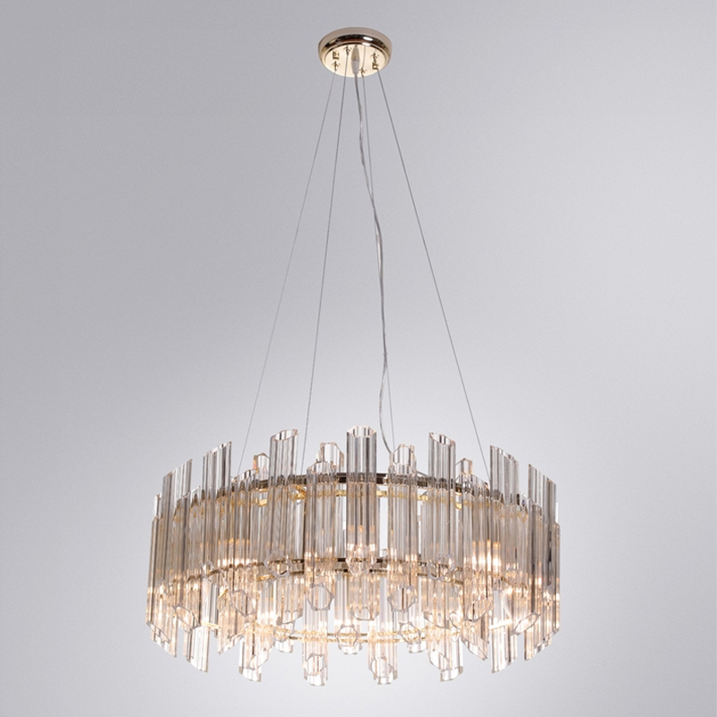 Люстра подвесная круглая с прозрачными хрустальными трубками и золотистым каркасом Диаметр 60 см Hexagon Tube Light