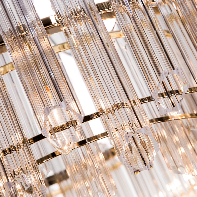 Люстра подвесная круглая с прозрачными хрустальными трубками и золотистым каркасом Диаметр 60 см Hexagon Tube Light