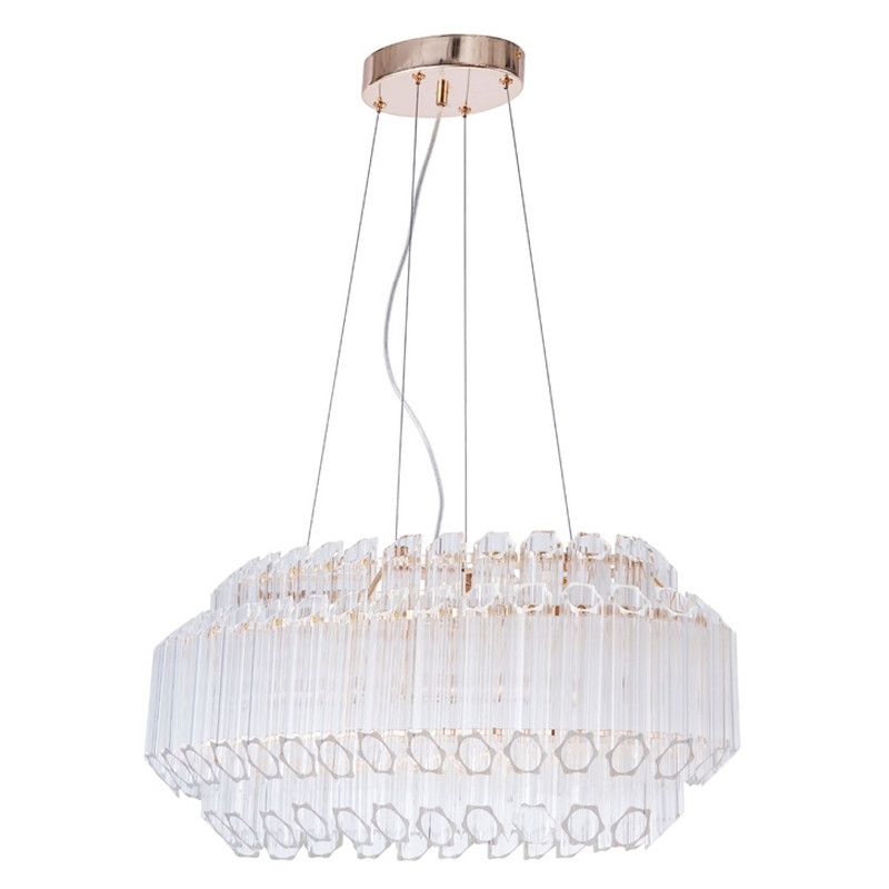 Люстра подвесная многослойная с прозрачными хрустальными трубками и золотистым каркасом Hexagon Tube Light