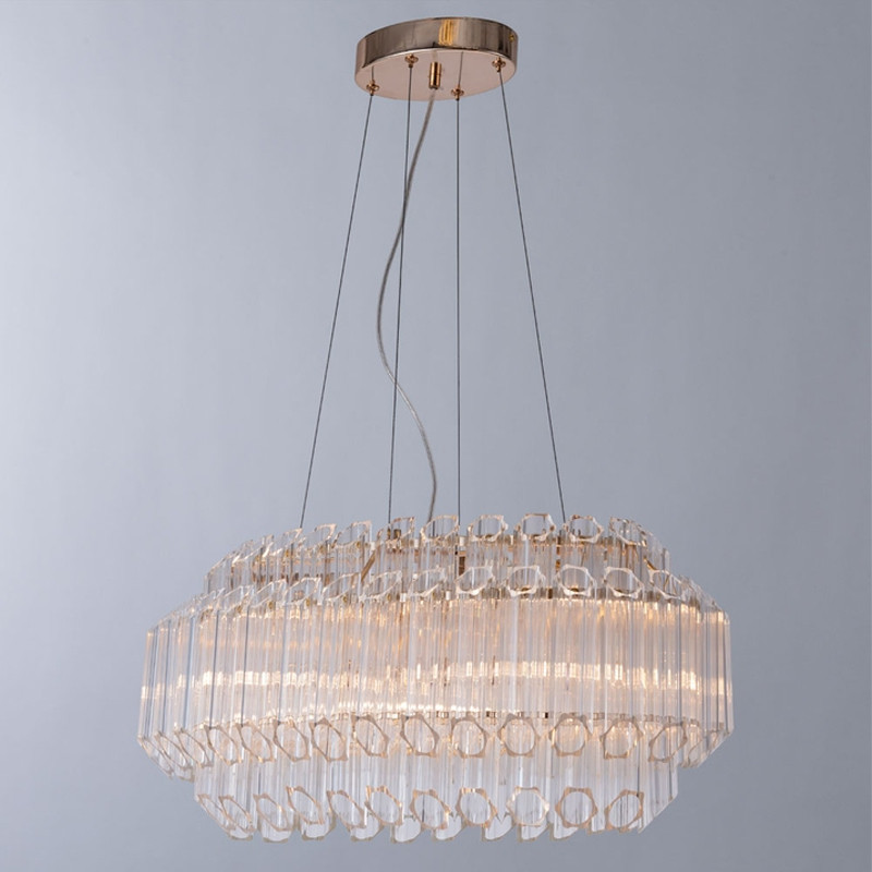 Люстра подвесная многослойная с прозрачными хрустальными трубками и золотистым каркасом Hexagon Tube Light