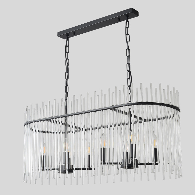 Люстра подвесная овальная со стеклянными прозрачными трубками и металлическим каркасом черного цвета Nembus
