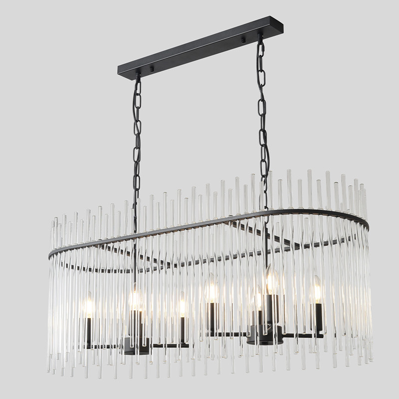 Люстра подвесная овальная со стеклянными прозрачными трубками и металлическим каркасом черного цвета Nembus