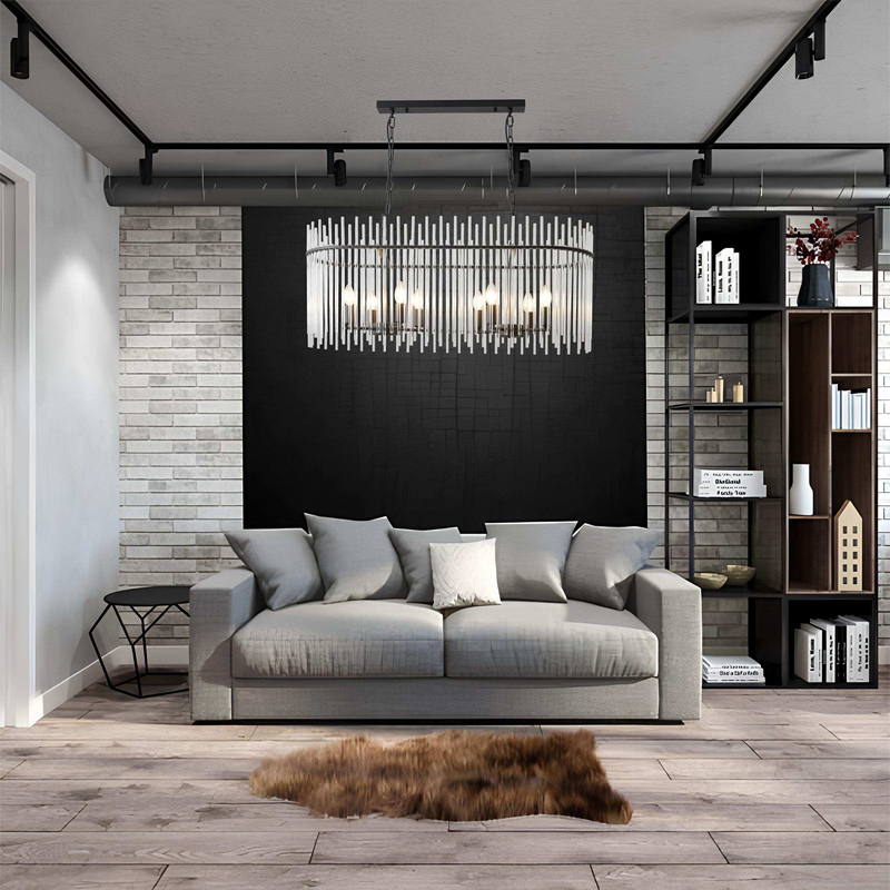 Люстра подвесная овальная со стеклянными прозрачными трубками и металлическим каркасом черного цвета Nembus