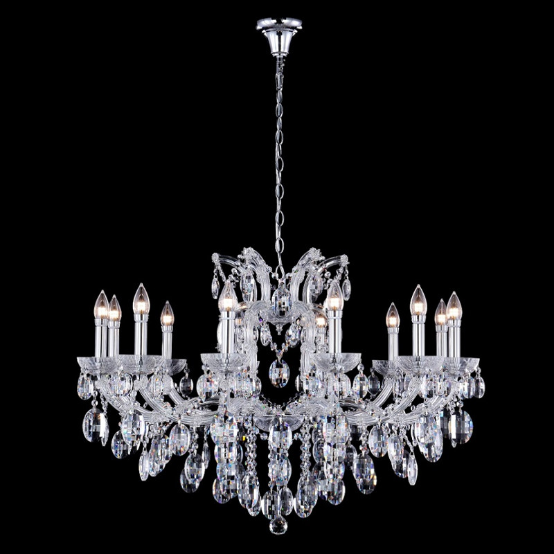 Люстра подвесная с 12-ю лампочками и прозрачными хрустальными подвесками на хромированном основании Crystal lamps