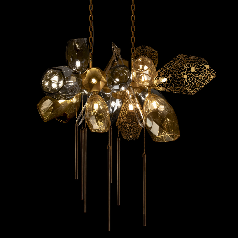 Люстра подвесная с 18-ю стеклянными плафонами с вертикальными подвесками Gilded Mirage