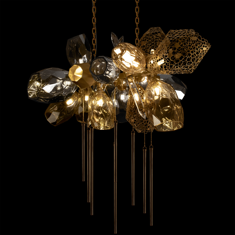 Люстра подвесная с 18-ю стеклянными плафонами с вертикальными подвесками Gilded Mirage