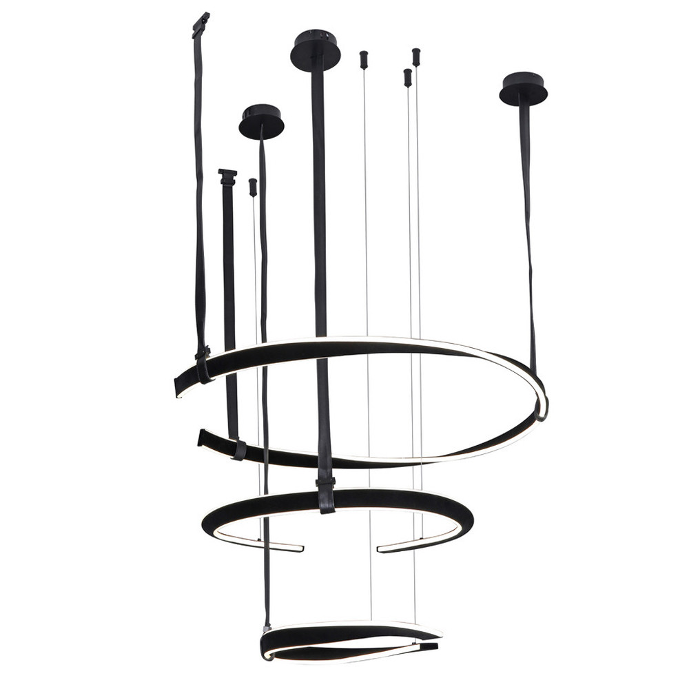 Люстра подвесная с 3-мя кольцами из кожаных ремней черного цвета Half Ring Horizontal