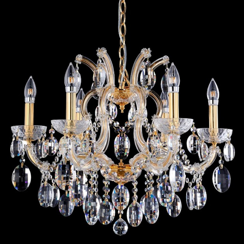 Люстра подвесная с 6-ю лампочками и прозрачными хрустальными подвесками на основании золотого цвета Crystal lamps