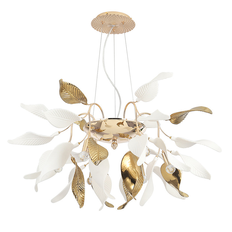Люстра подвесная с белыми матовыми и золотыми глянцевыми листьями Wintery flovers