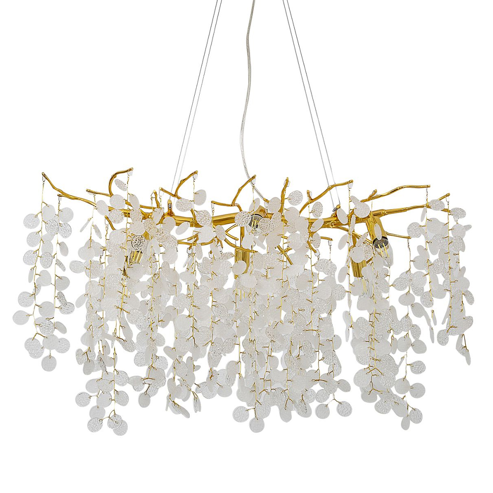 Люстра подвесная с золотистыми ветками и стеклянными подвесками в виде листьев Длина 80 см FAIRYTREE Light