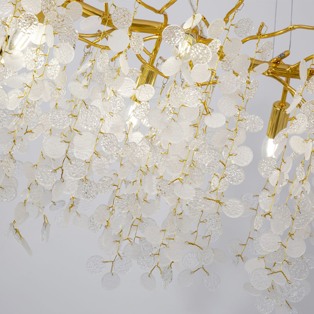 Люстра подвесная с золотистыми ветками и стеклянными подвесками в виде листьев Длина 80 см FAIRYTREE Light