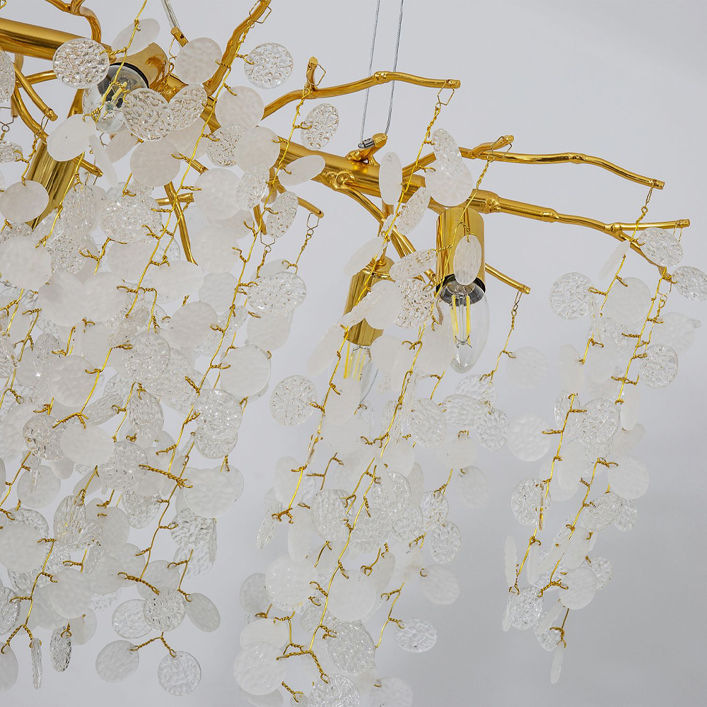 Люстра подвесная с золотистыми ветками и стеклянными подвесками в виде листьев Длина 80 см FAIRYTREE Light
