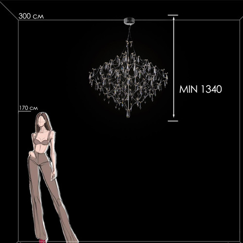 Люстра подвесная с изогнутыми металлическими линиями и хрустальными подвесками в виде капель Диаметр 100 см Quasar