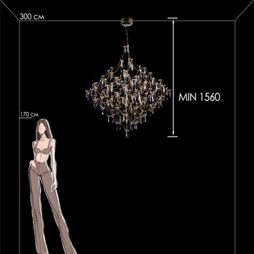 Люстра подвесная с изогнутыми металлическими линиями и хрустальными подвесками в виде капель Диаметр 120 см Quasar
