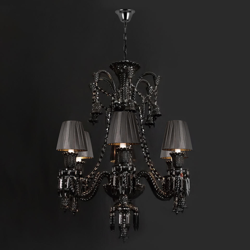 Люстра подвесная с плиссированными абажурами и множеством подвесок черного цвета Диаметр 62 см Lustre Reverie